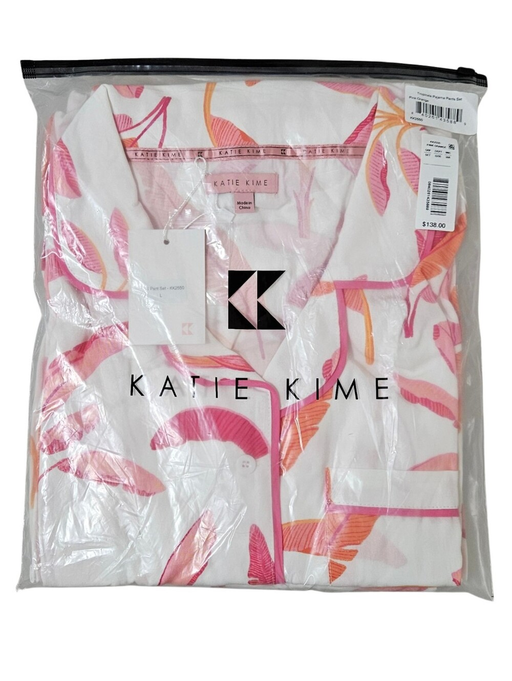Katie Kime Pajama Set Tropical Short Sleeve Button-Up & Pants Pink Orange NWT